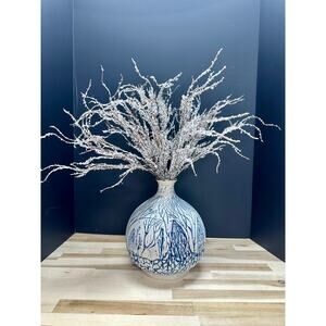 Large Studio Pottery Vase Blue White Textured Forest Trees Cottagecore Décor 11”